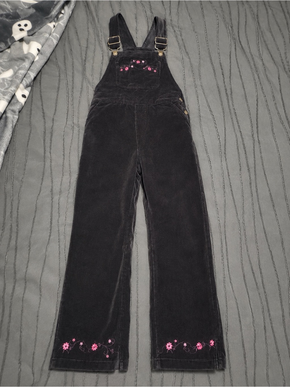 Cherokee Black Corduroy Overalls with Pink Floral Accents